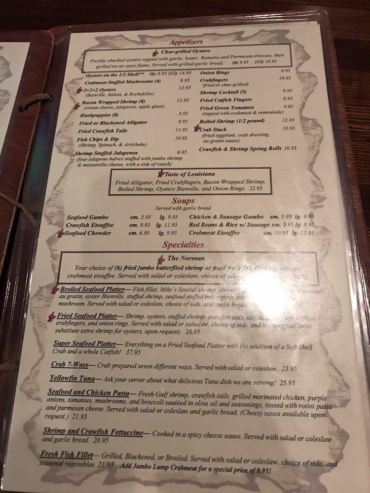 Menu at Mike Anderson's Baton Rouge restaurant, Baton Rouge