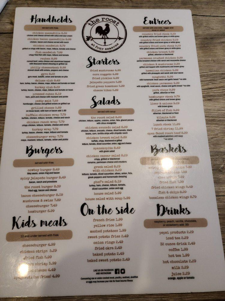 Menu at The Roost at Four Seasons restaurant, Frostproof, US Hwy 27