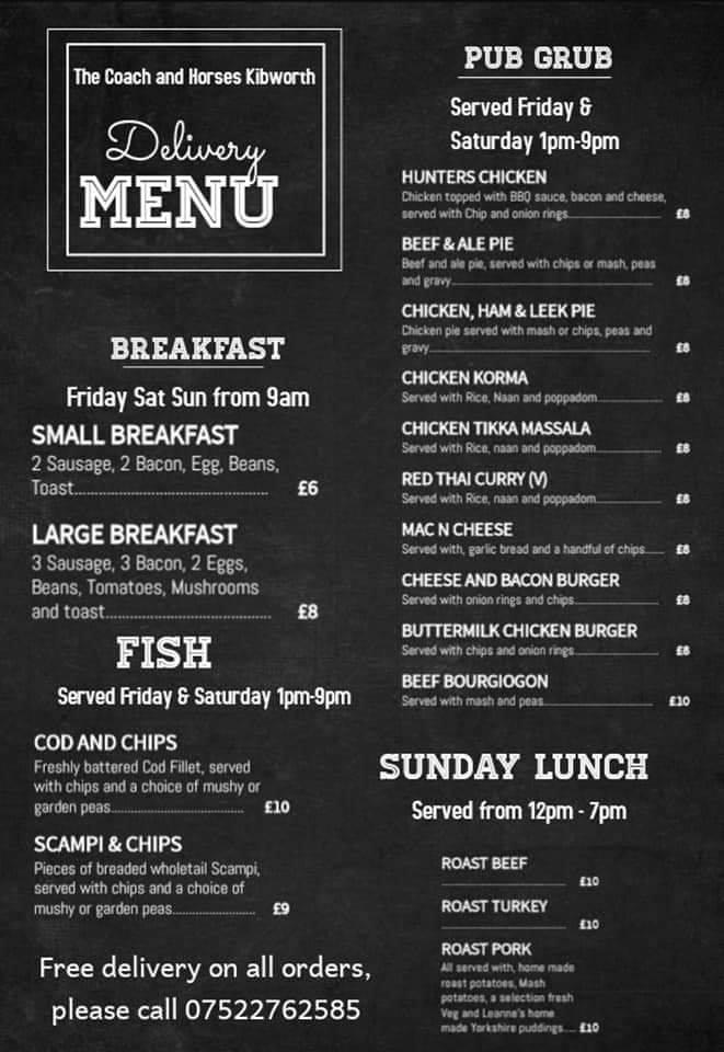 Menu at Coach & Horses pub & bar, Kibworth Harcourt, 2 Leicester Rd