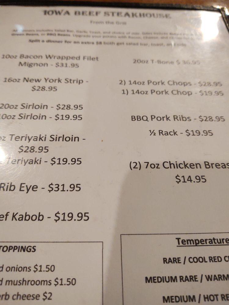 Menu at Iowa Beef Steakhouse, Des Moines