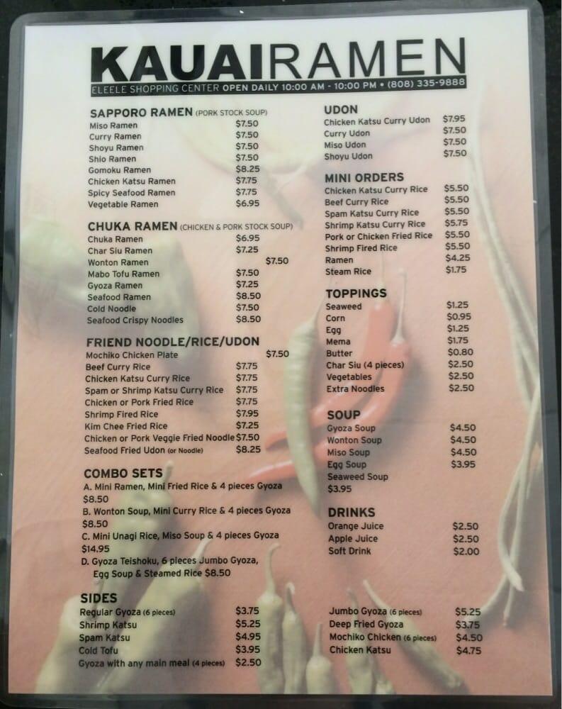 Menu at Kauai Ramen restaurant, Eleele, Waialo Rd