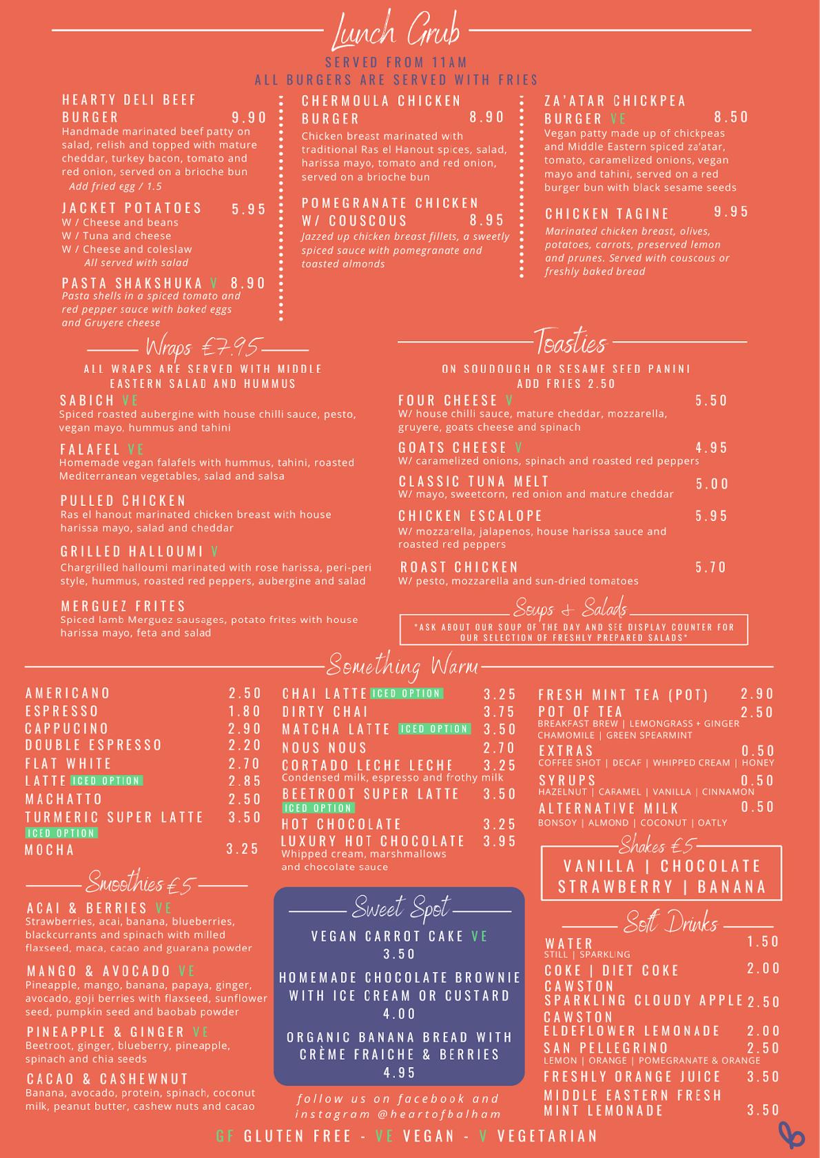 Menu at Heart of Balham HOB cafe, London