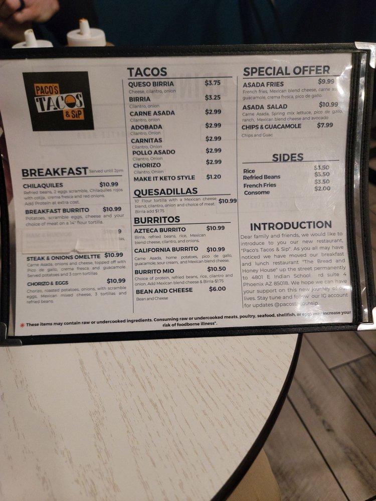 Menu at Paco's Tacos & Sip restaurant, Phoenix