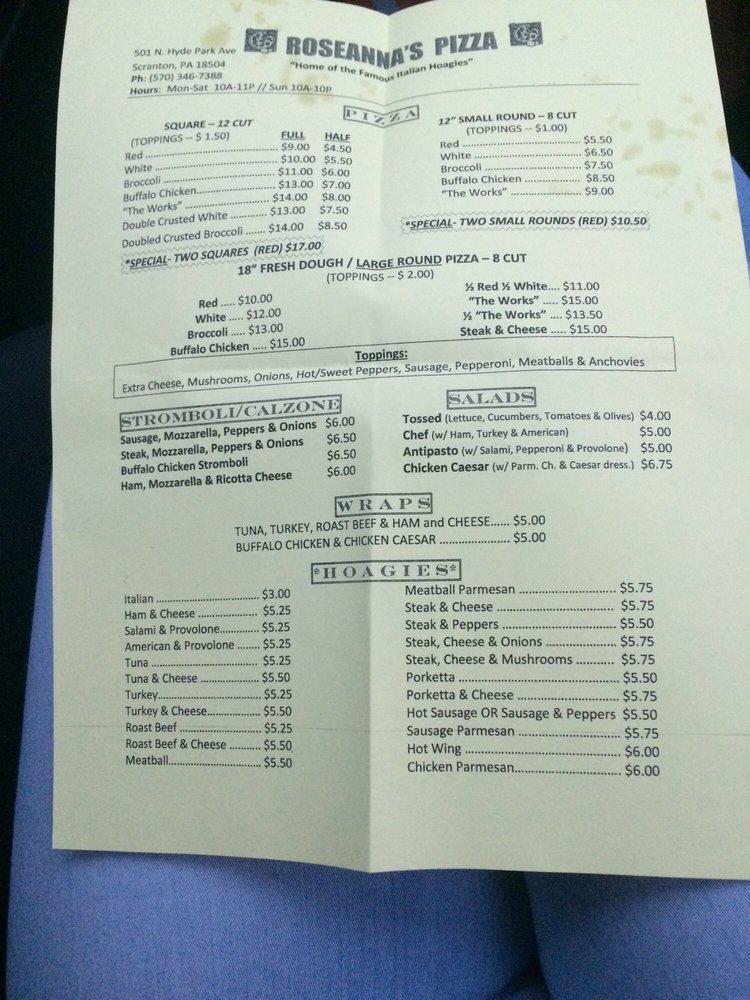 Menu at Roseanna's Pizza pizzeria, Scranton