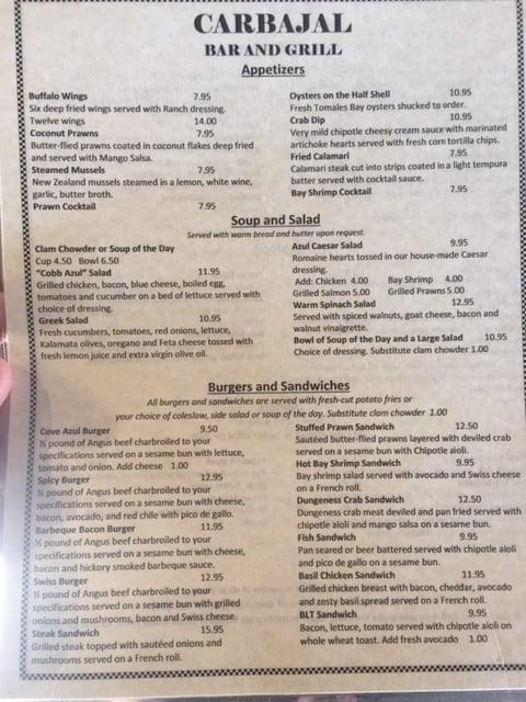 Menu at Cove Azul Bar & Grill, Gualala