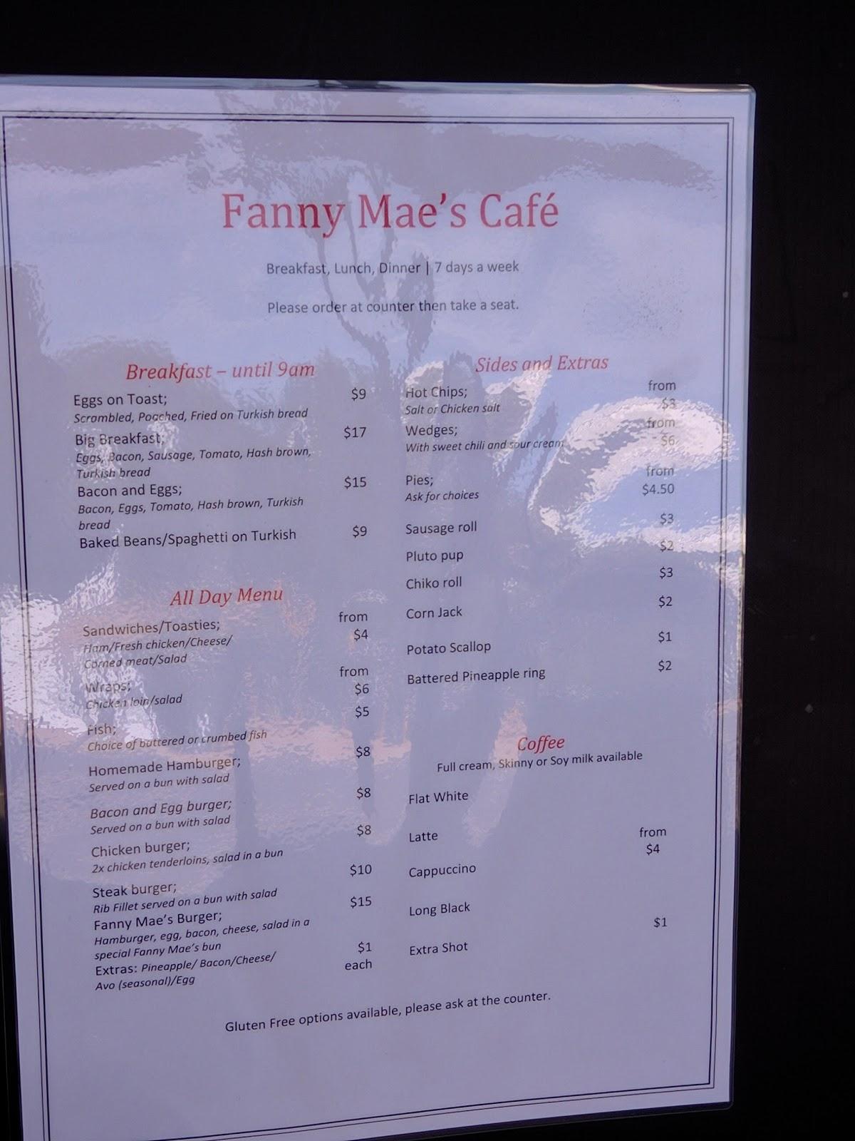 Menu at Fanny Mae's Cafe, Tambo