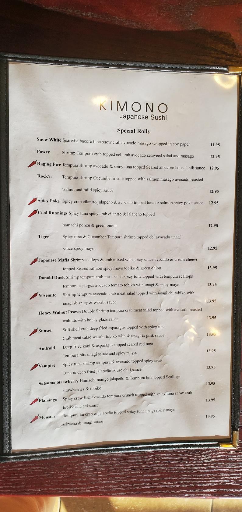 Menu at Kimono restaurant, Tracy