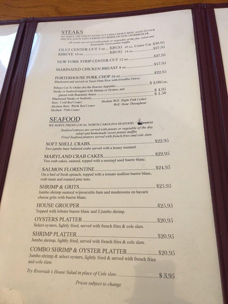 Menu at Riverside Steak & Seafood steakhouse, Swansboro