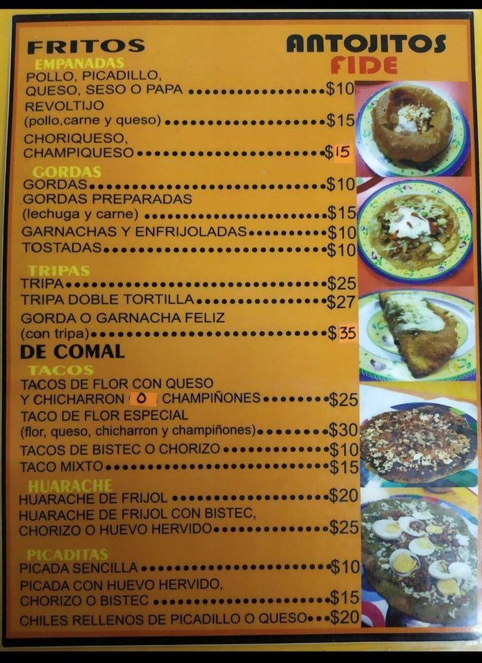 Menu at Antojitos FIDE restaurant, Orizaba