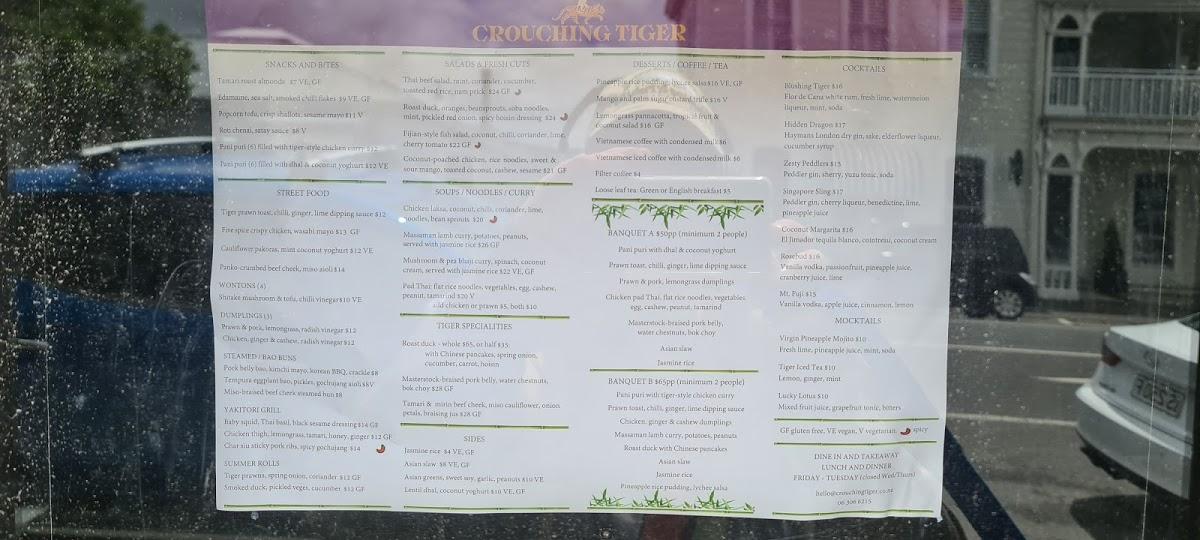 Menu at Crouching Tiger restaurant, Martinborough