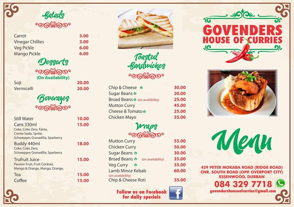 Menu at Govenders House of Curries, Durban, 141 Florence Nightingale Drive