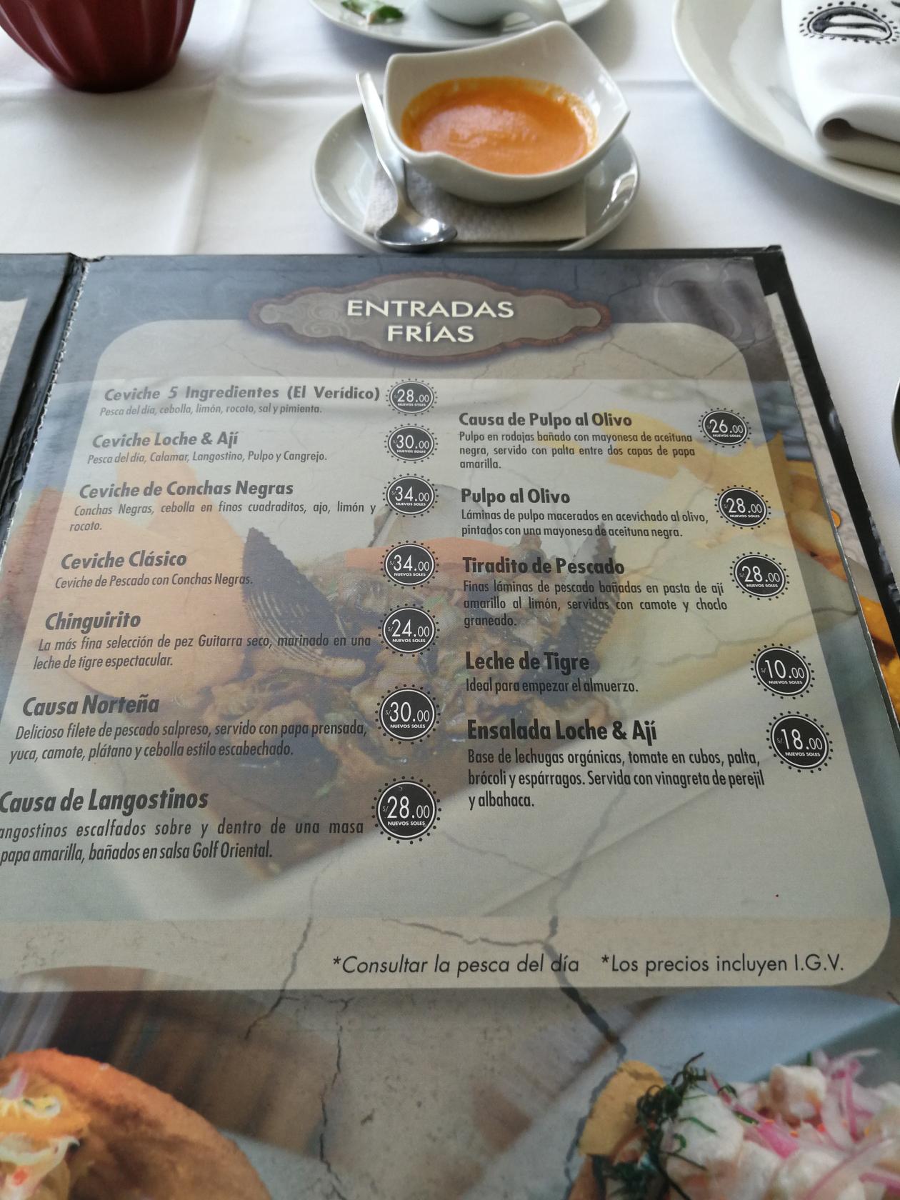 Carta del restaurante Loche & Ají, Chiclayo