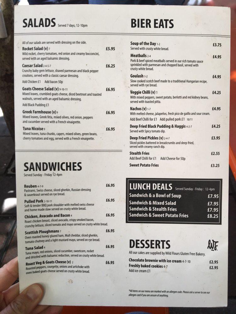 Menu at Bier Halle pub & bar, Glasgow, 9 Gordon St
