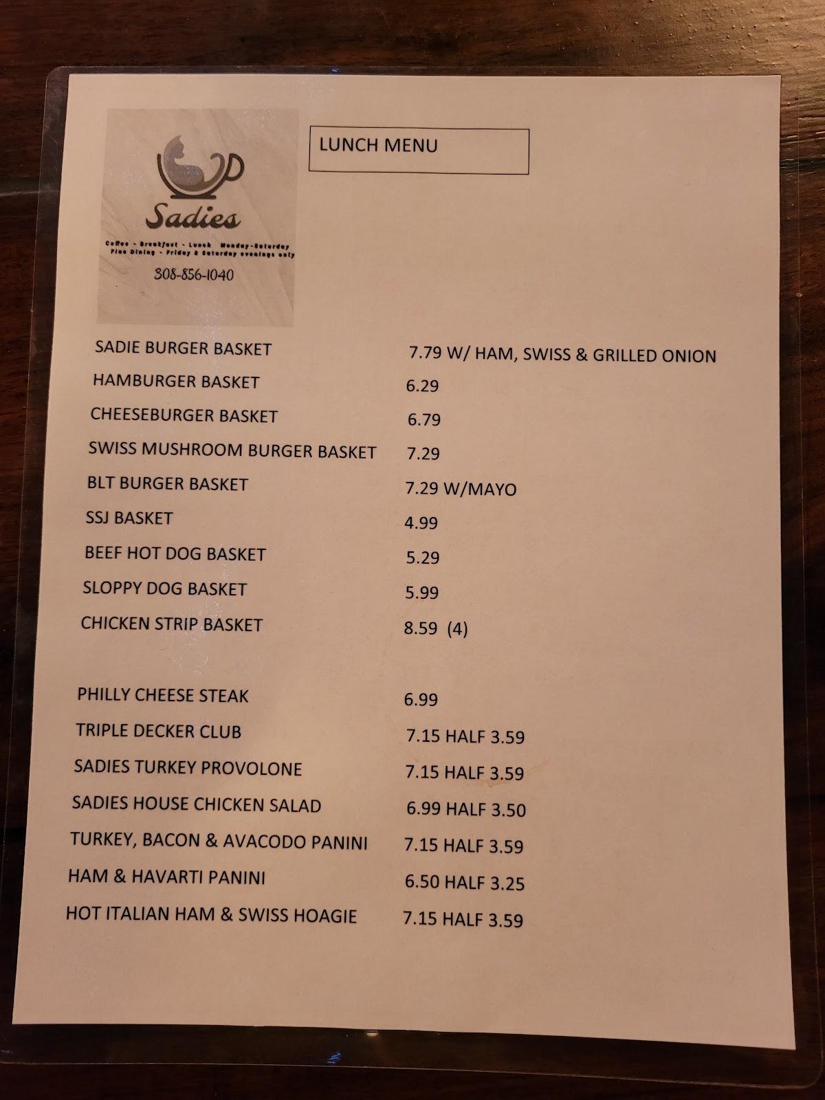 Menu at SADIES restaurant, Elm Creek