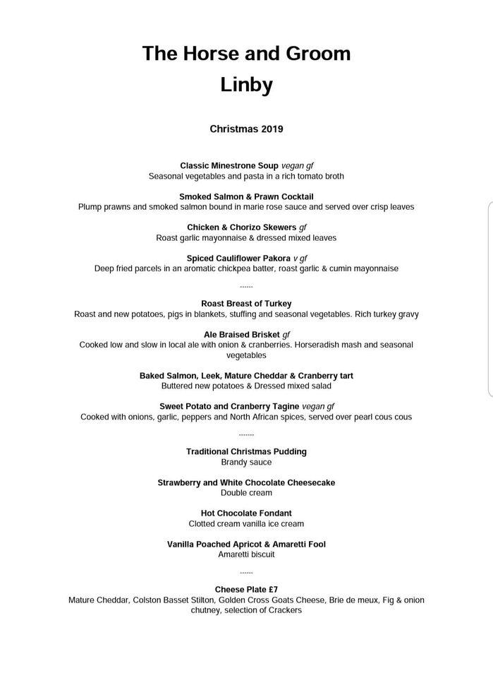 Menu at The Horse & Groom pub & bar, Nottingham, 10 Main St
