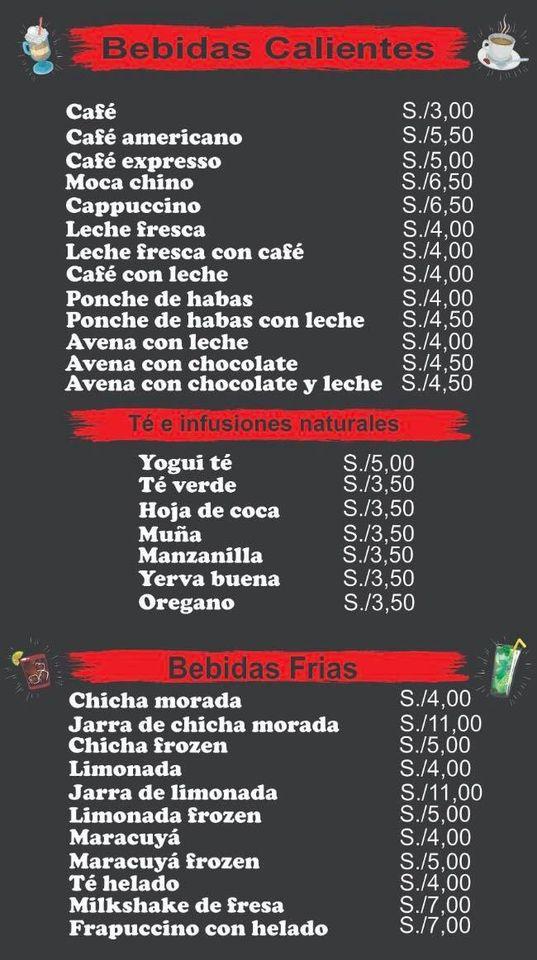 Menu at Antojitos Urubamba restaurant, Urubamba