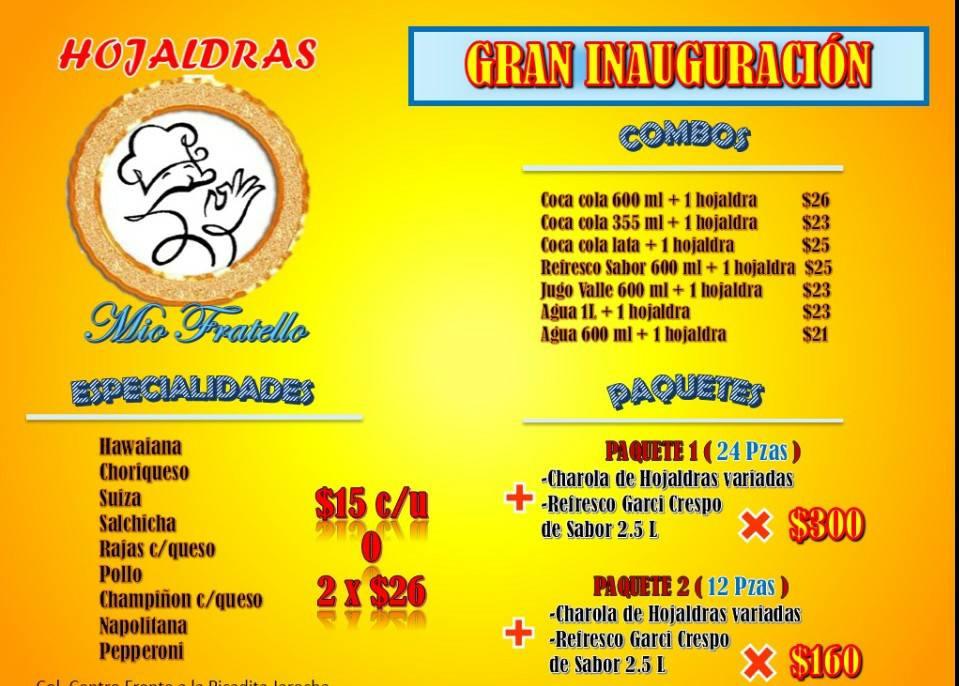 Carta del restaurante Hojaldras mio Fratello, Minatitlán