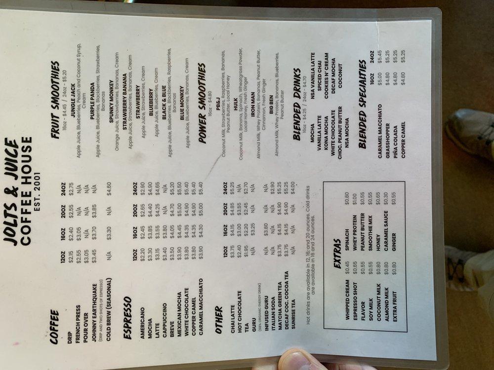 Menu at Jack Henry Coffee House (formally Jolts & Juice Co.), Ontario