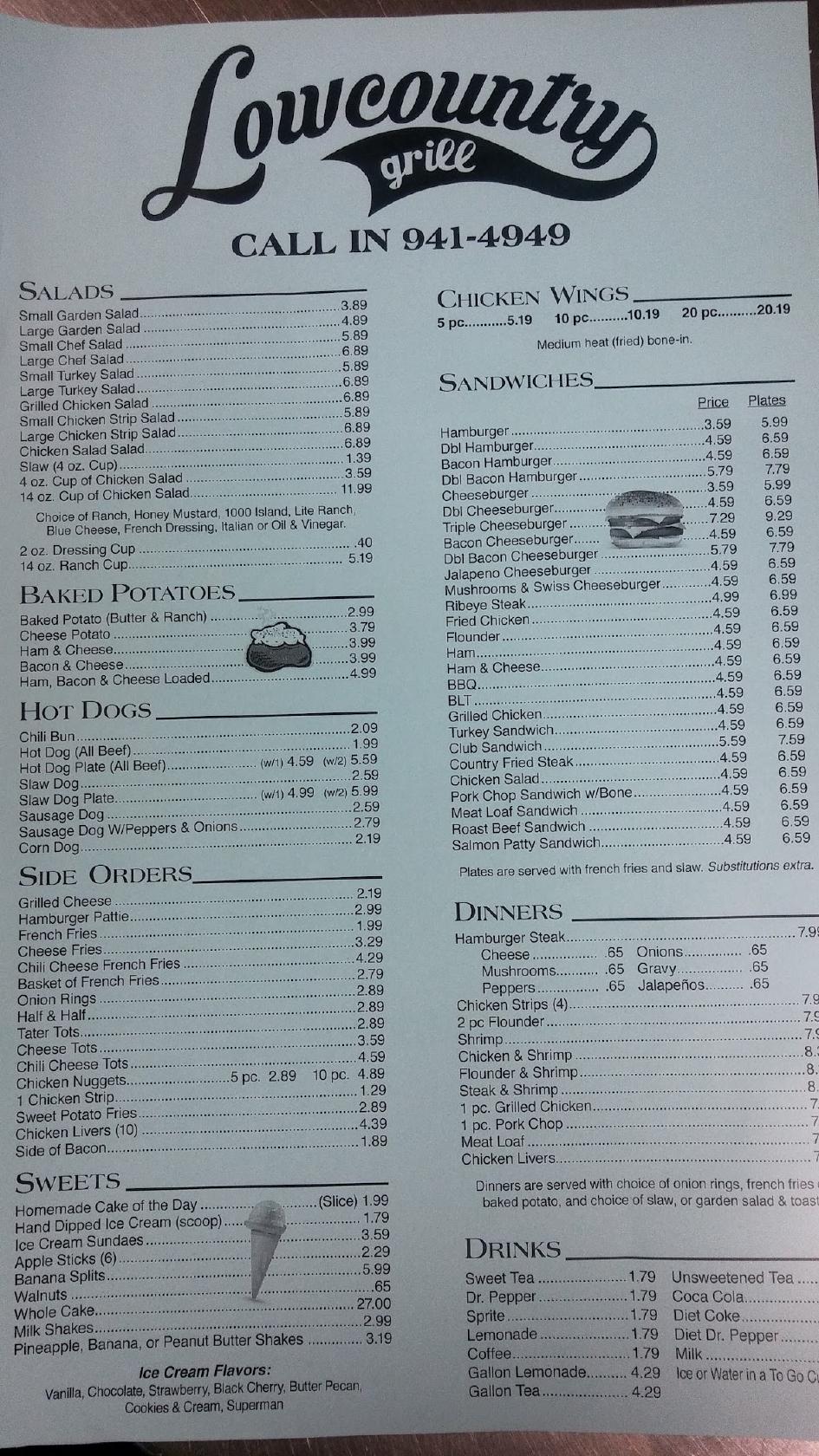 Menu at Lowcountry Grill restaurant, Greenwood
