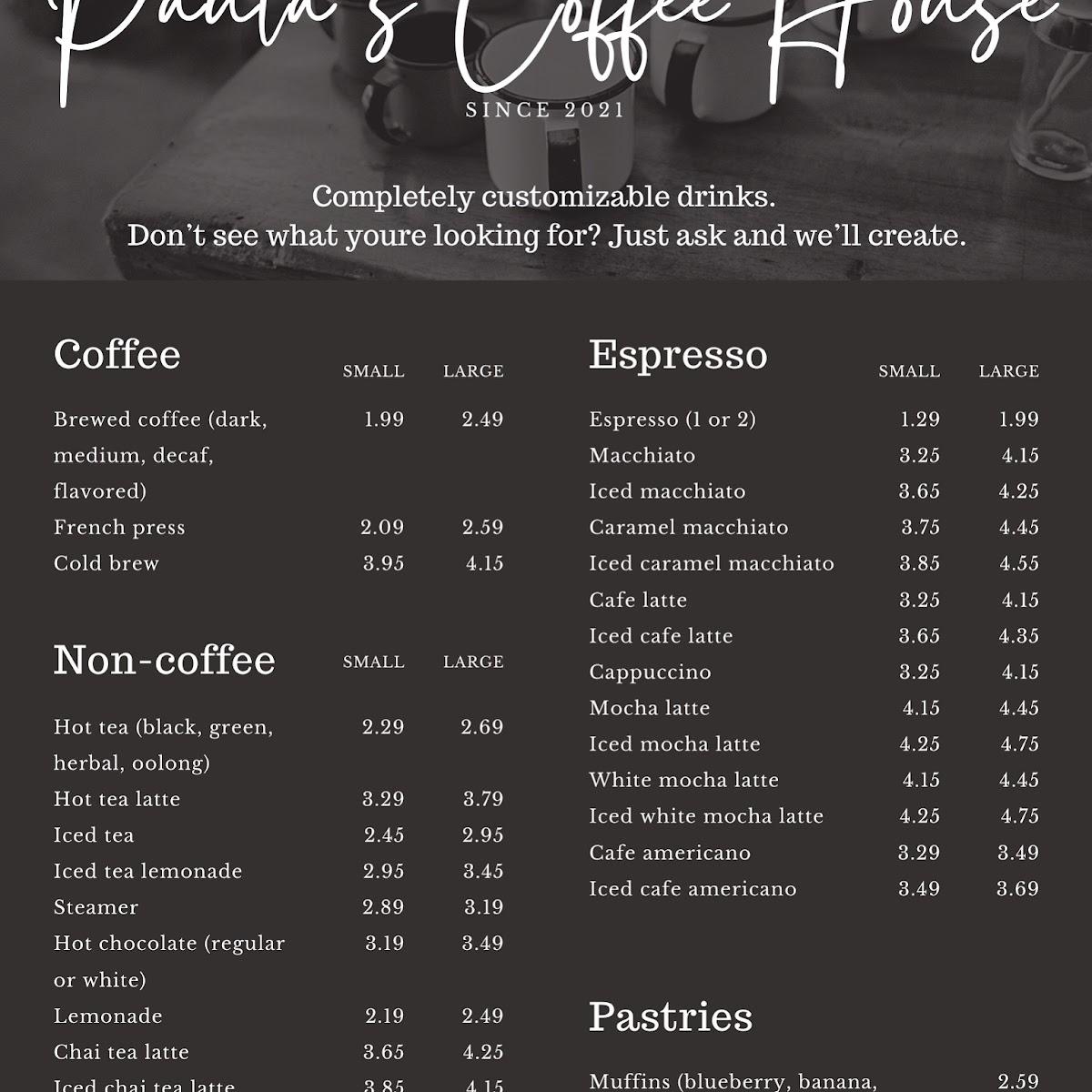 Menu At Paula’s Coffee House, Endicott