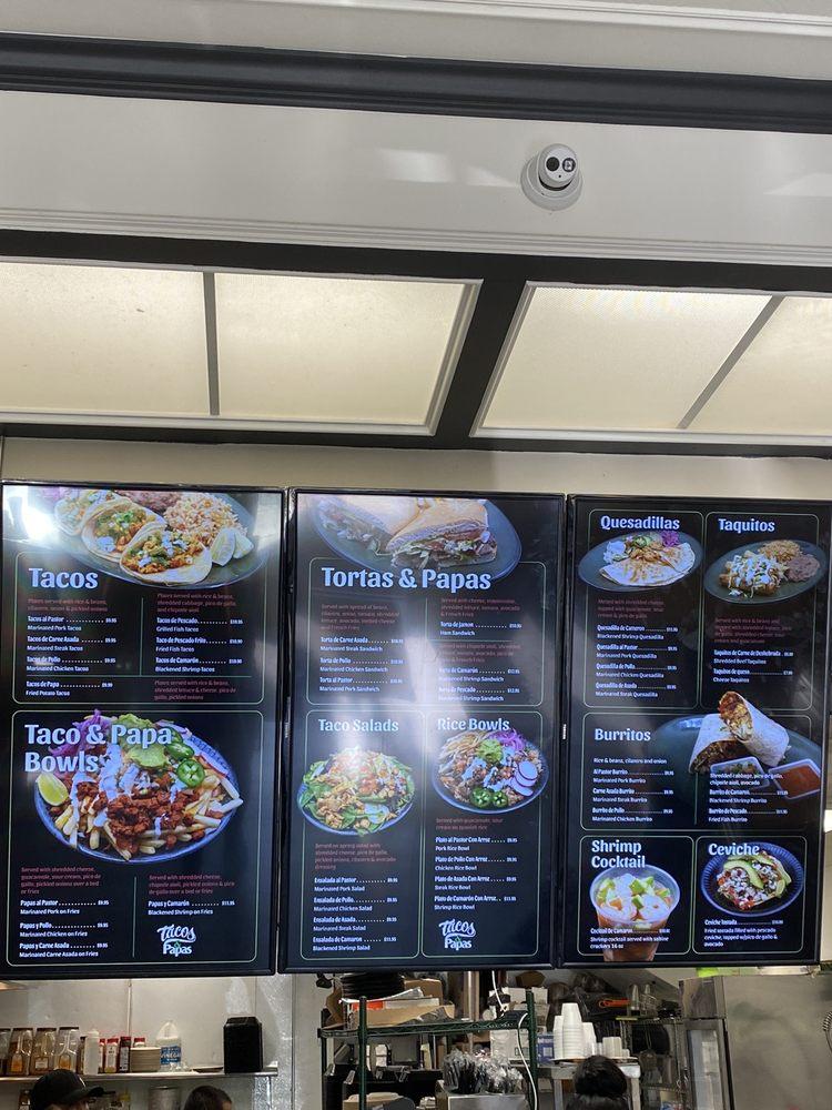 Menu at Tacos and Papas restaurant, Monrovia