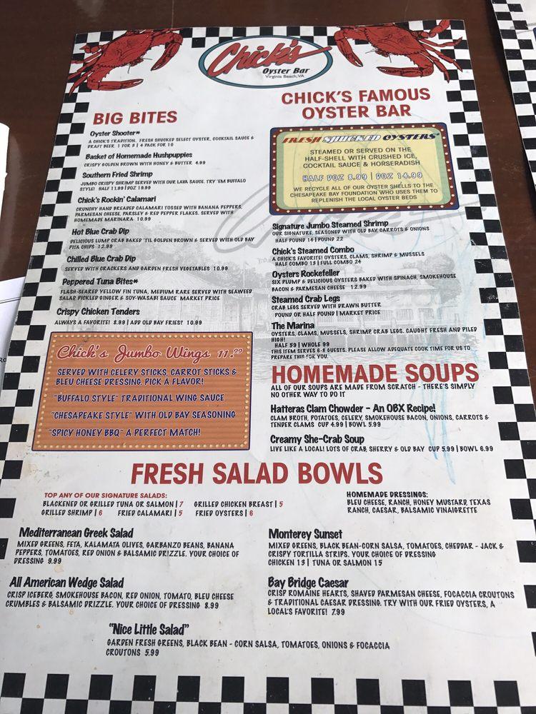 Menu at Chick's Oyster Bar, Virginia Beach