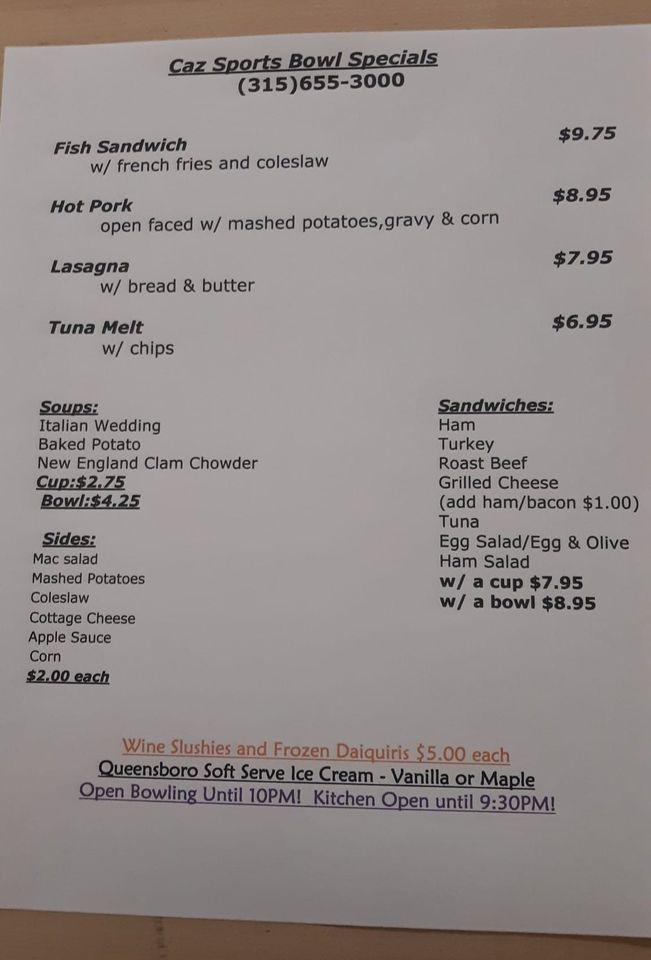 Menu at Caz Sports Bowl pub & bar, Cazenovia