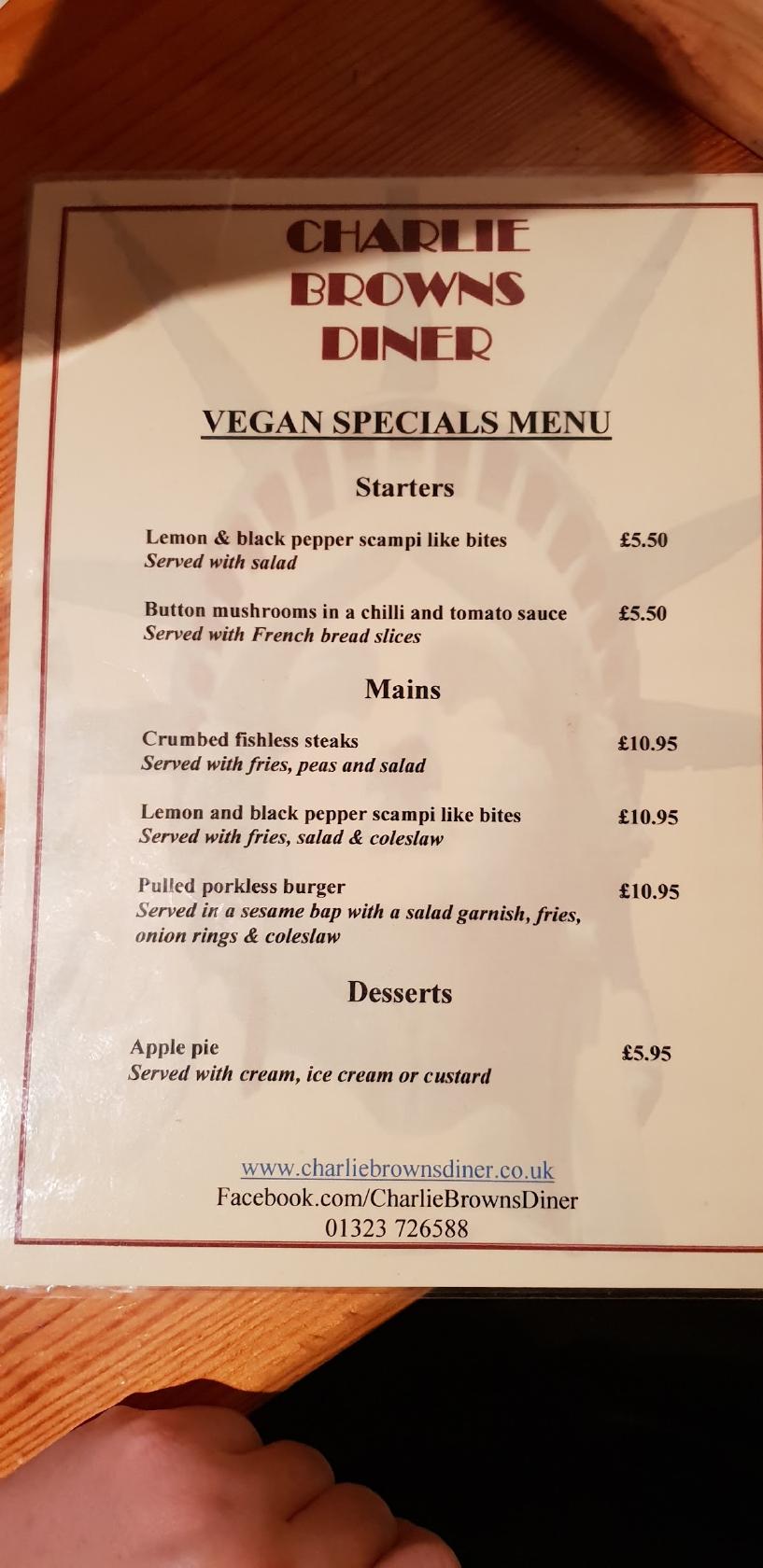 Menu at Charlie Brown's Diner restaurant, Eastbourne