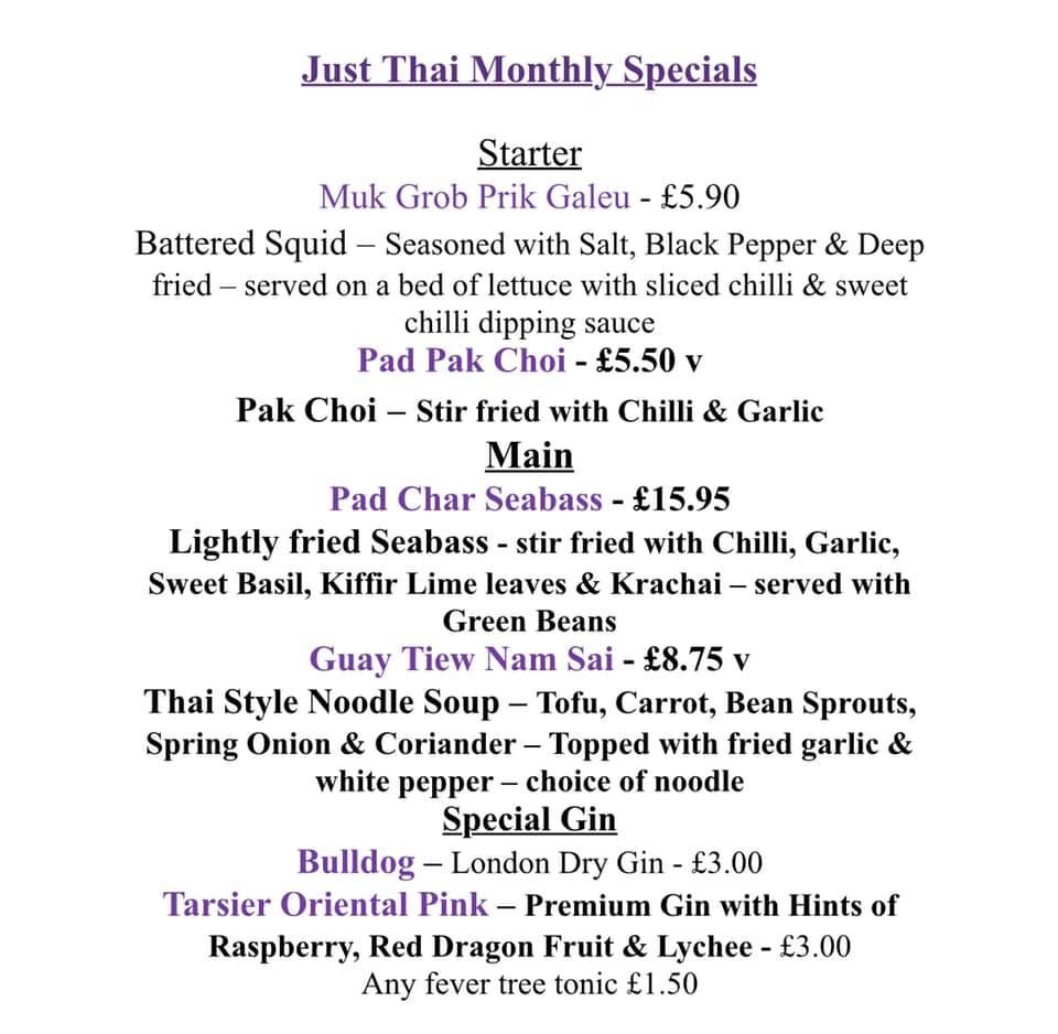 Menu at Just Thai Restaurant & Tapas Bar, Denby Dale