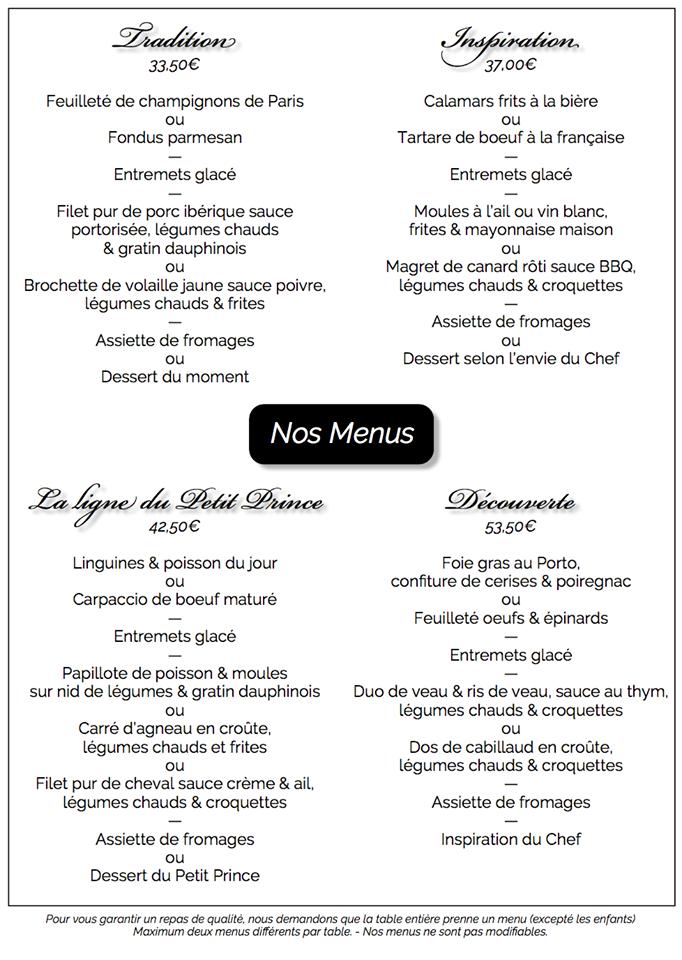 Menu au Le petit Prince de Ligne, Ath