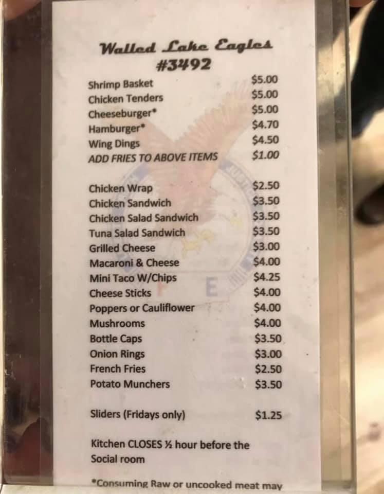 Menu at Walled Lake Eagle’s Euchre Club, Walled Lake