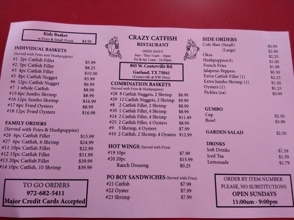 Menu at Crazy Catfish Restaurant, Garland, 805 W Centerville Rd