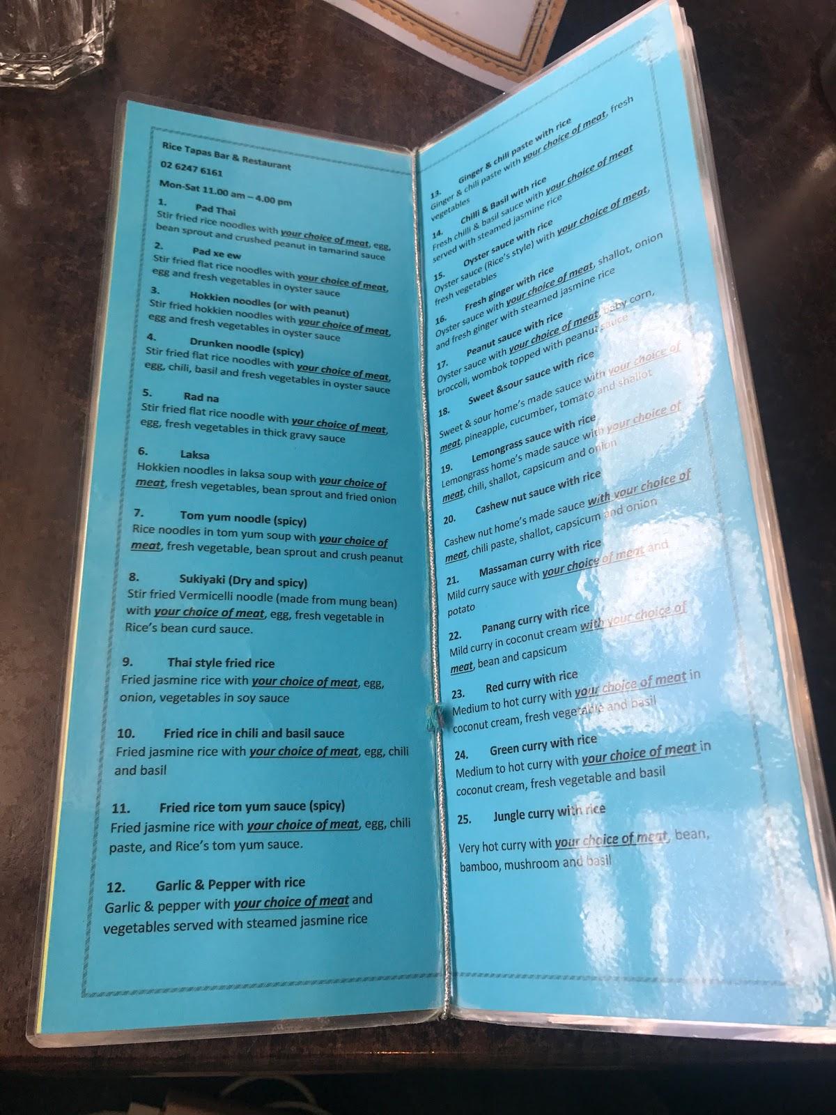 Menu at Rice Thai Tapas & Restaurant, Canberra