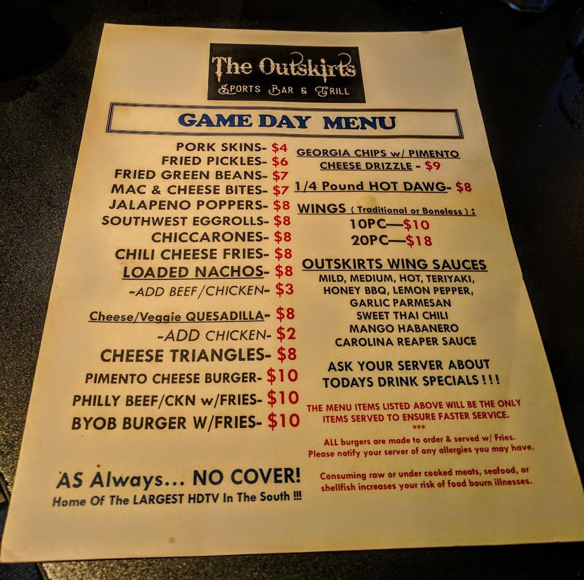 Menu at The Outskirts Sports Bar & Grill, Columbus