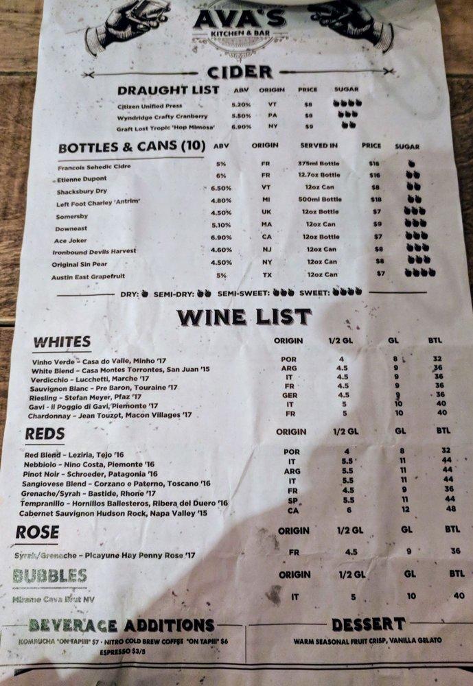 Menu at Ava's Kitchen & Bar, Kenilworth