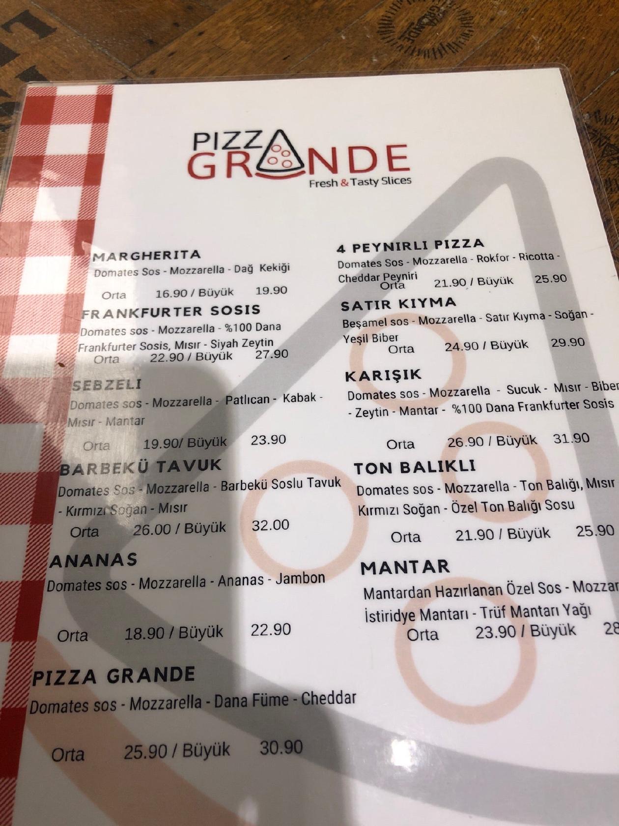 Menu at Pizza Grande, Istanbul