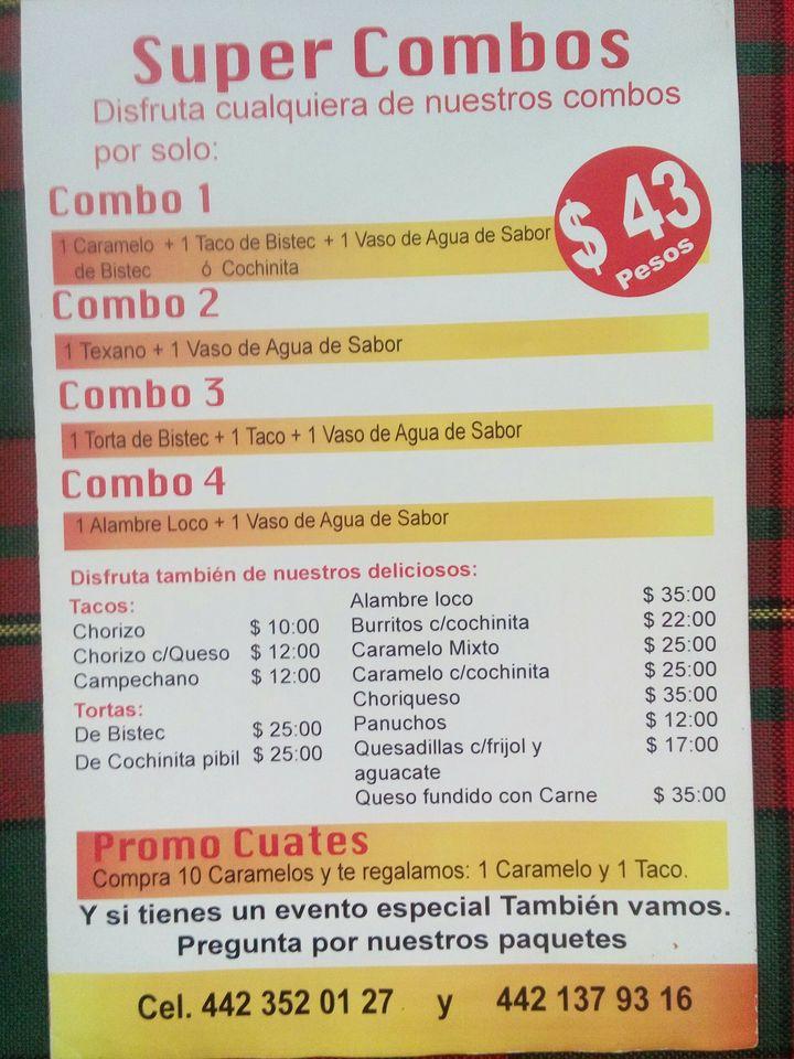 Carta del restaurante Los Auténticos Caramelos, Santiago del Querétaro