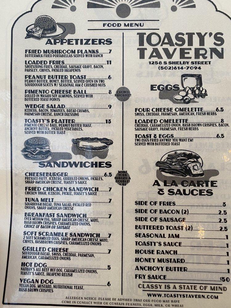 Menu at Toasty's Tavern pub & bar, Louisville