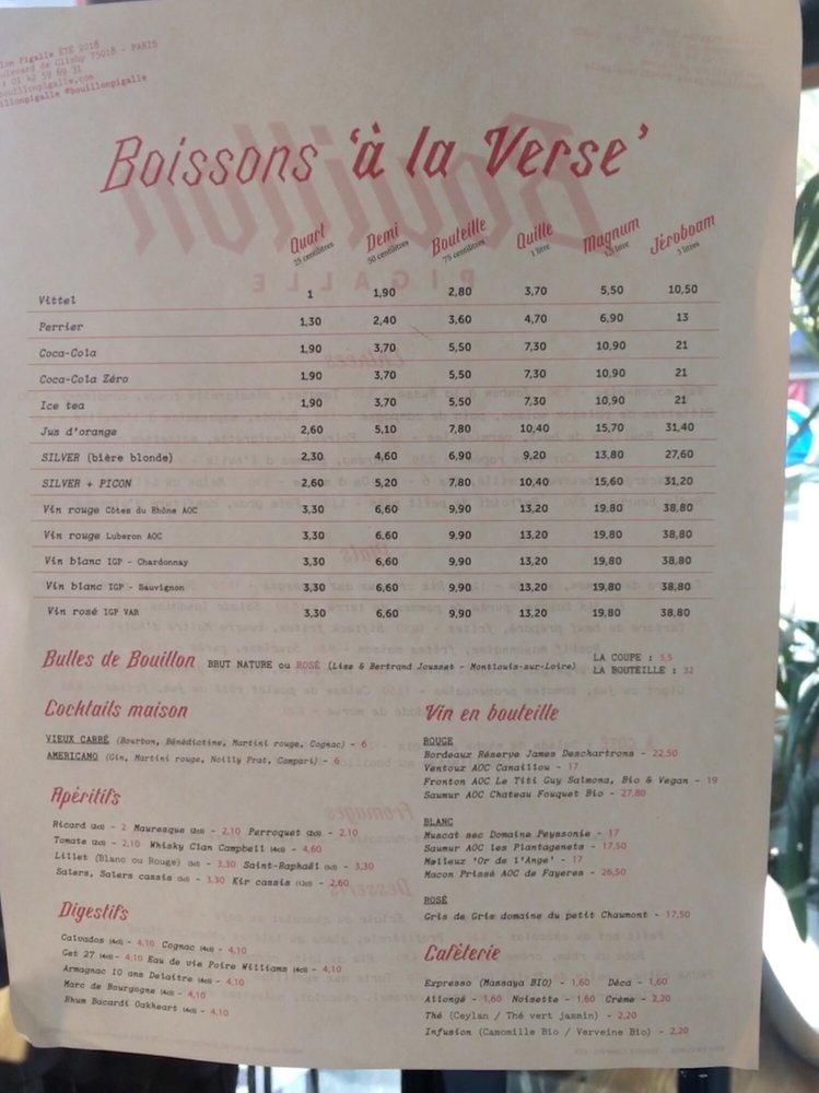 Menu at Bouillon Pigalle restaurant, Paris