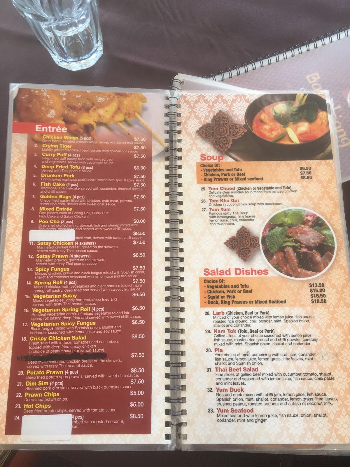 Menu at Ban chiang Restaurant, Dapto