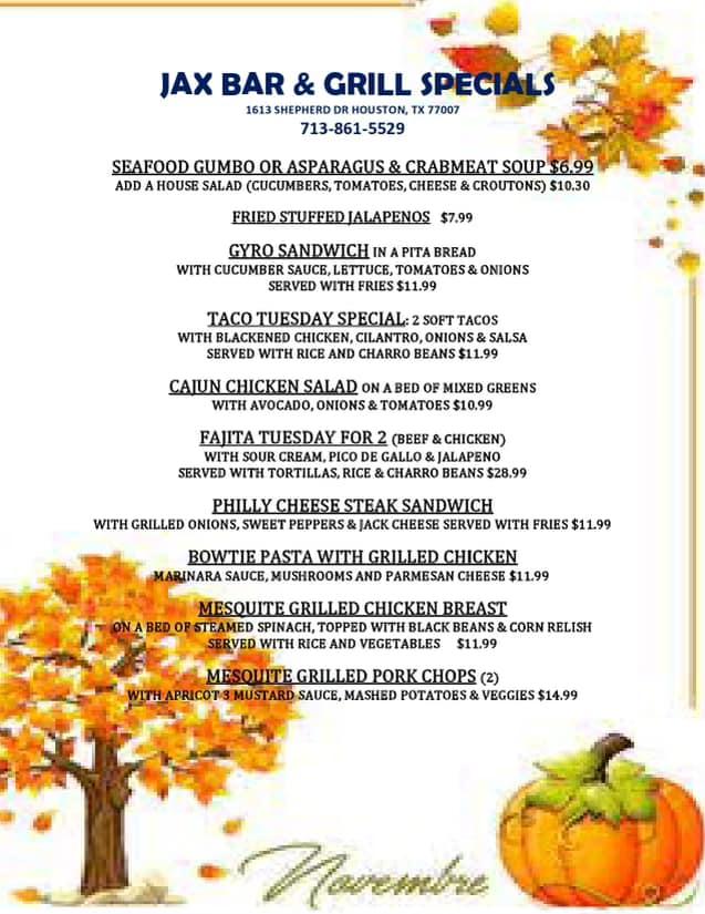 Menu at Jax Grill restaurant, Houston, Shepherd Dr