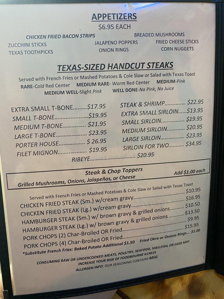 Menu at Sodolak's Original Country Inn restaurant, Snook, FM 60