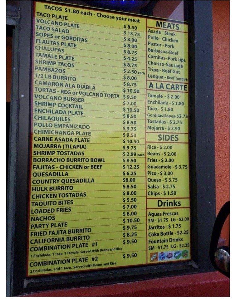 Menu at Volcano's Mexican Food restaurant, Norman