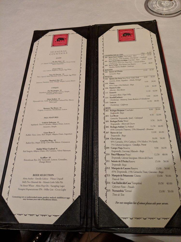 Menu at Pamplona Tapas Bar, Lafayette