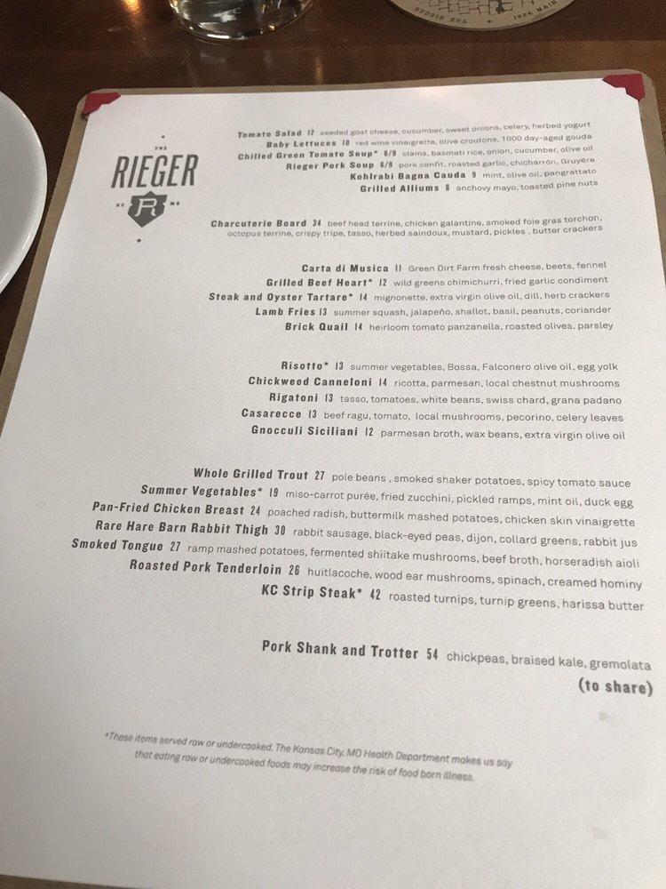 Menu at The Rieger pub & bar, Kansas City