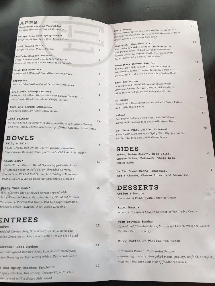 Carta del restaurante East End Tap and Table, Lexington