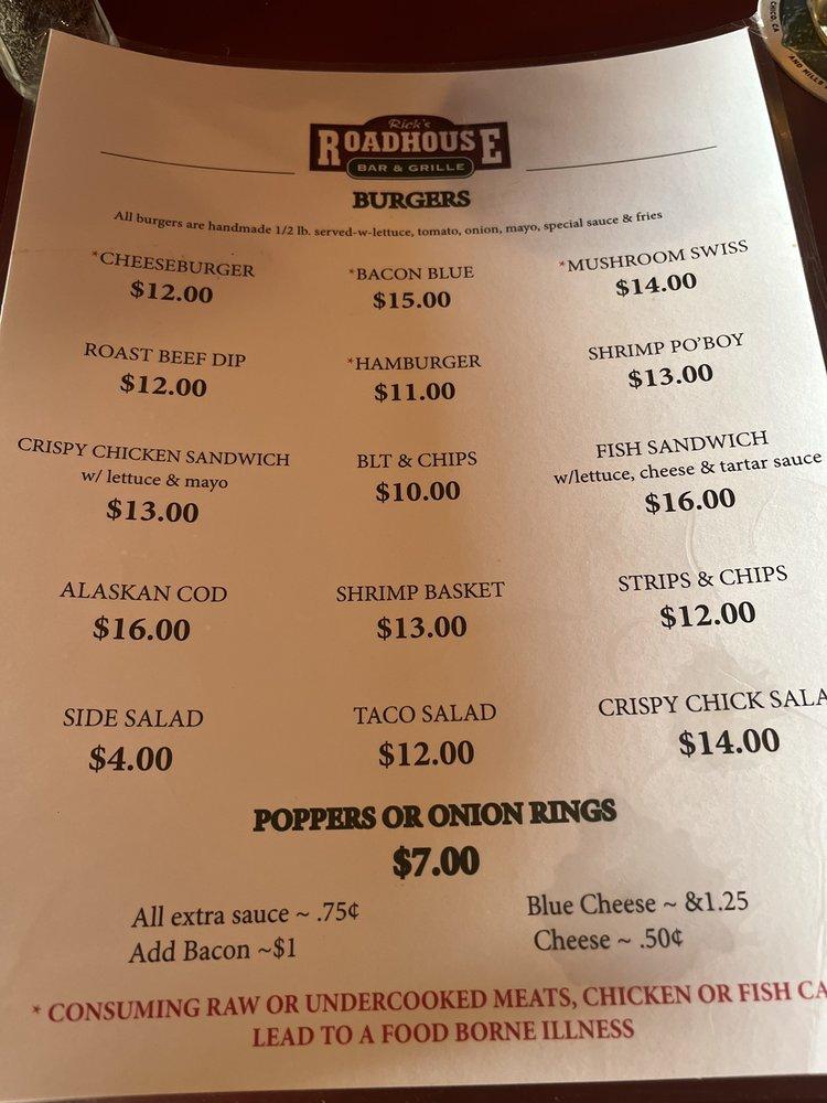 Menu at Rick's Roadhouse pub & bar, Rockaway Beach, 184 N Hwy 101