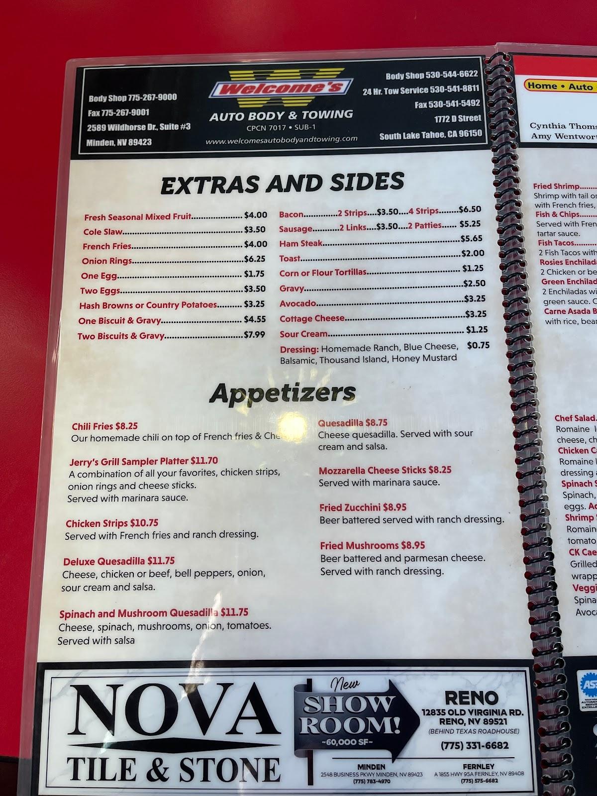 Menu at Jerry's Grill restaurant, Gardnerville