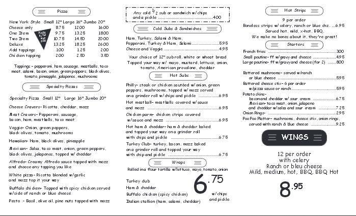 Menu at Owl's Nest Pizza Parlor pizzeria, Saranac Lake