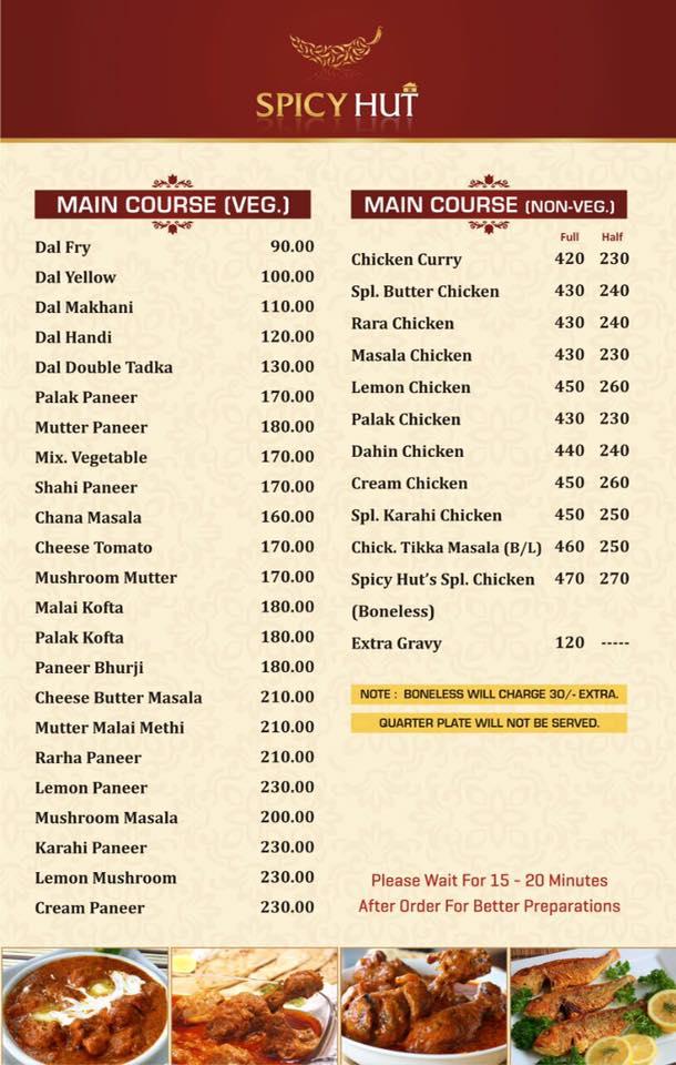 Menu at Spicy hut, Ludhiana, Adjoining HDFC bank Aarti steel road focal